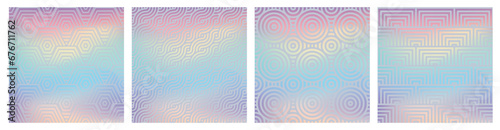 Set of geometric seamless patterns on holographic neon. Shiny hologram texture. Foil pattern. Metallic gradient. Vector