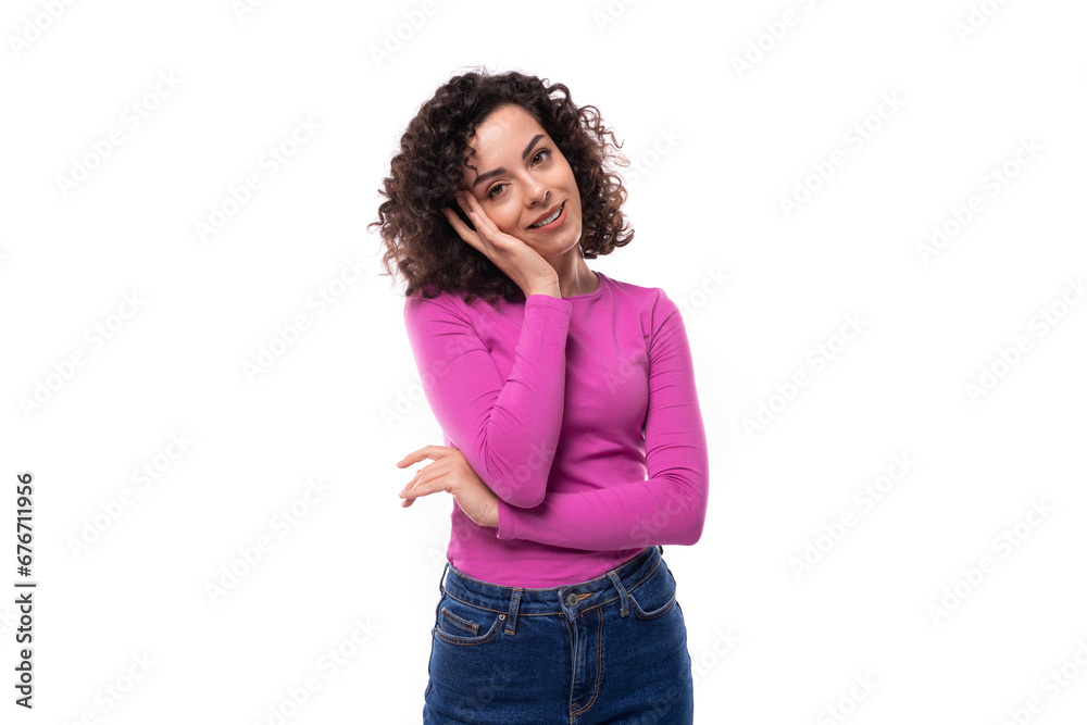 young smiling leader woman with curly black hair on white background with copy space young smiling leader woman with curly black hair on white background with copy space