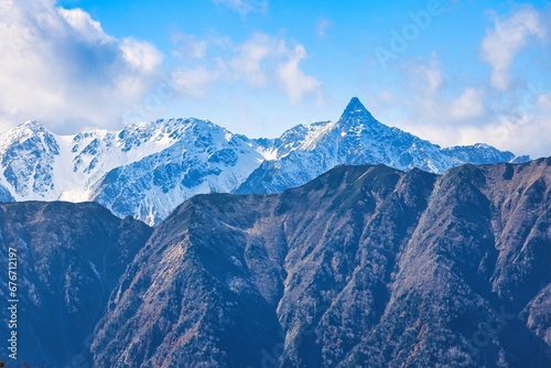 冠雪の北アルプスの槍ヶ岳と穂高連峰