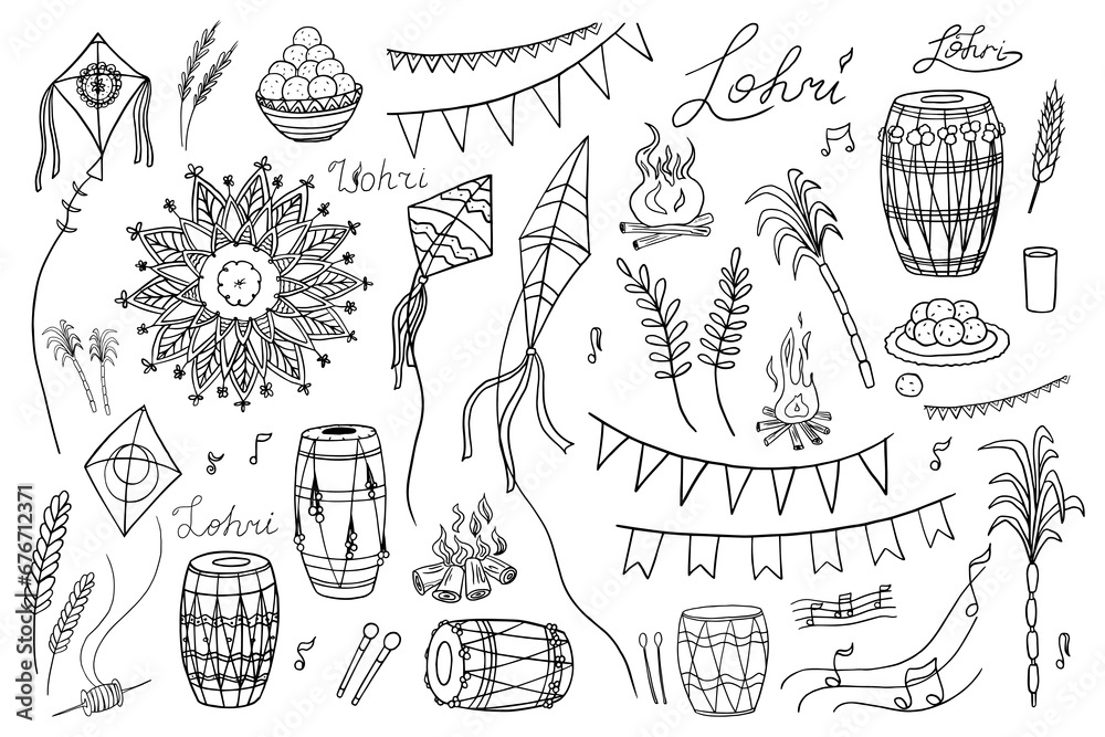 Obraz premium Beautiful set of Lohri festival objects and symbols. Indian festival. Kite, rye, spikelet, drums, bonfire, fire, wheat, harvest, sugarcane, sheaves of roasted corn, gurh and gachak. Hand drawn