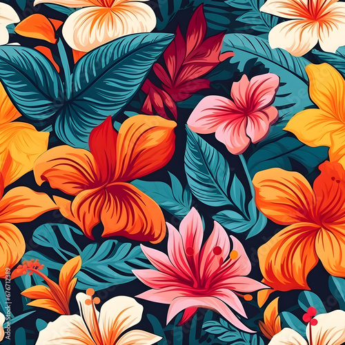 Seamless pattern of tropical flowers and leaves bold