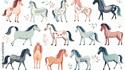 Doodle horse set. Hand drawn sketch style. Cute horse