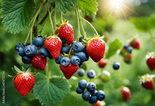 Berries and fruits with lush green leaves
