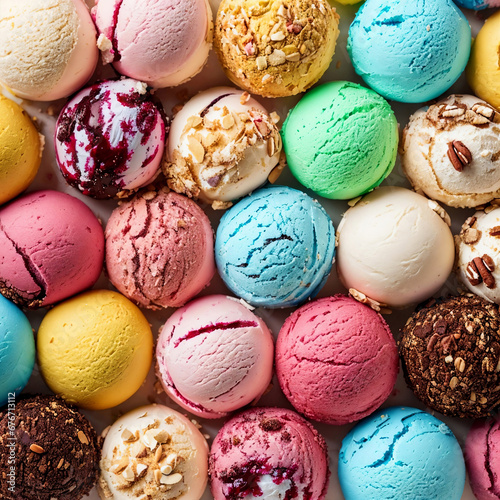 Assorted of scoops ice cream. Colorful set of ice cream of different flavours. Top view of ice cream isolated with mint, sauce. AI generative image.