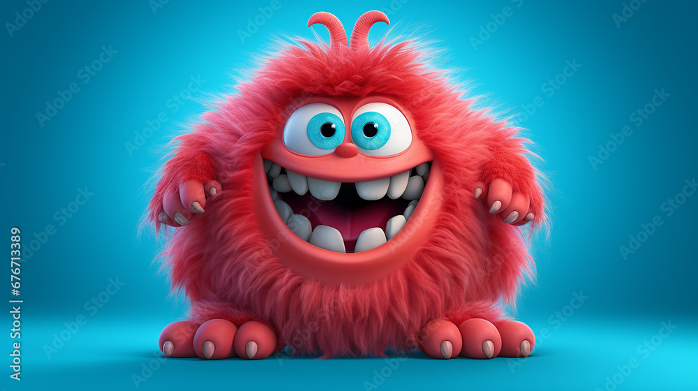3d render scary furry red beast cartoon character poker face