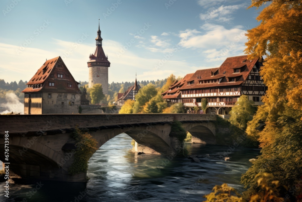 A historic old wooden bridge in a Hanseatic city with half-timbered houses Generative Ai