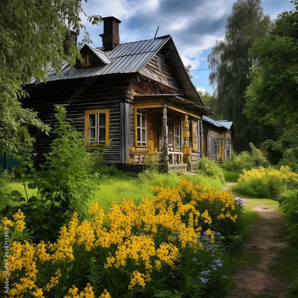 Classic Russian log cabin made of wood. House in the forest on a sunny day. 