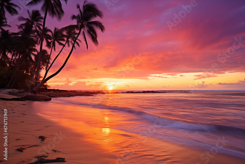 Color photo of a vibrant tropical sunset over a serene beach, with palm trees swaying gently in the warm breeze