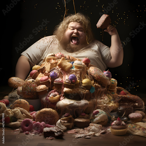 Obese man eating endlessly, representing gluttony