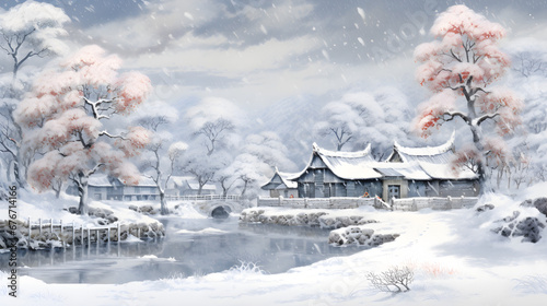 Winter, first snow, Watercolor- Christmas card © Nim
