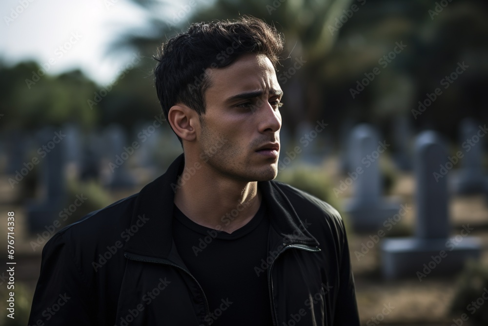 Portrait of a sad and depressed man in a black coat on the background of a cemetery.Funeral Concept Portrait of a sad and depressed man in a black coat on the background of a cemetery.Funeral Concept
