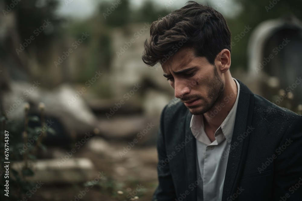 Portrait of a sad and depressed man in a black coat on the background of a cemetery.Funeral Concept Portrait of a sad and depressed man in a black coat on the background of a cemetery.Funeral Concept
