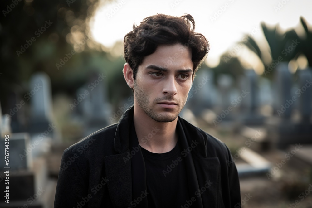Portrait of a sad and depressed man in a black coat on the background of a cemetery.Funeral Concept