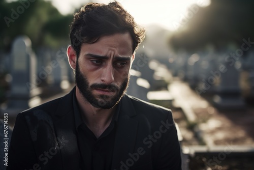 Portrait of a sad and depressed man in a black coat on the background of a cemetery.Funeral Concept