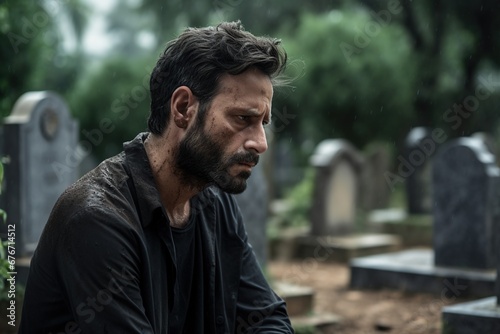 Portrait of a sad and depressed man in a black coat on the background of a cemetery.Funeral Concept