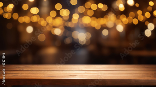 Wooden Table Elegance, Golden Bokeh in Restaurant Space