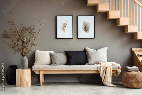Wooden bench against grey wall and staircase. Scandinavian, rustic farmhouse interior design of modern entryway. photo