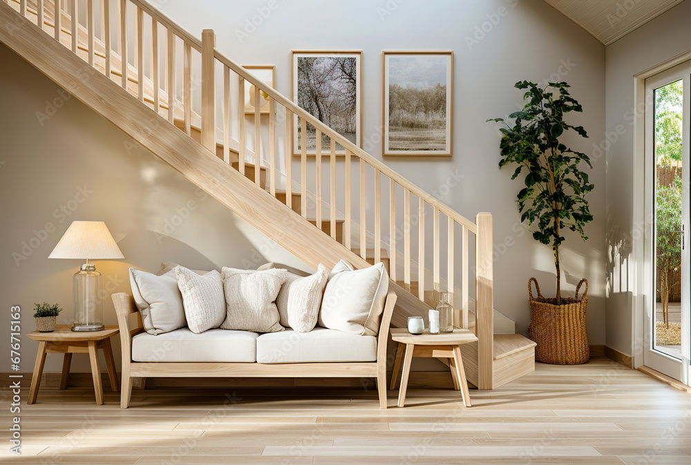 Loveseat sofa near wooden staircase. Modern cottage, french country
