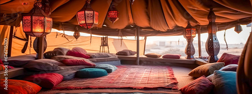 Background inside a Bedouin tent, pillows, carpets, lanterns. Banner photo