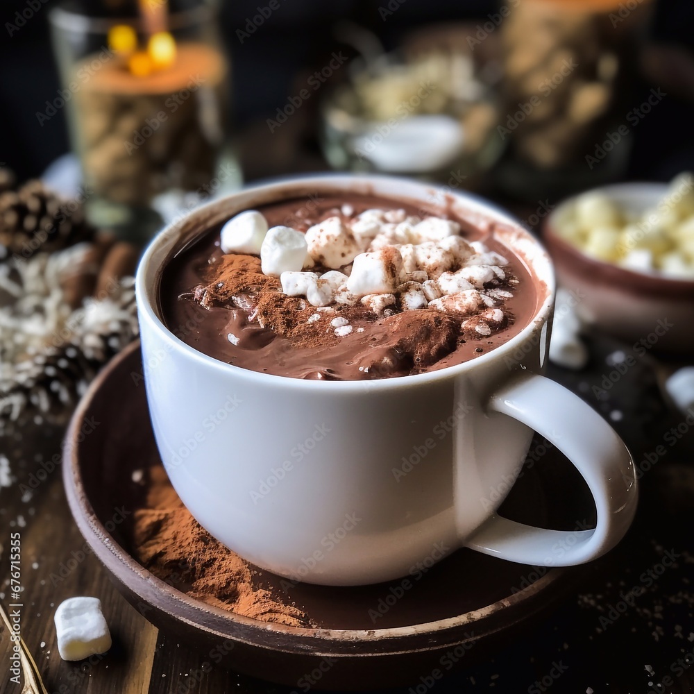 Homemade hot chocolate in a white enamel mug Homemade hot chocolate in a white enamel mug