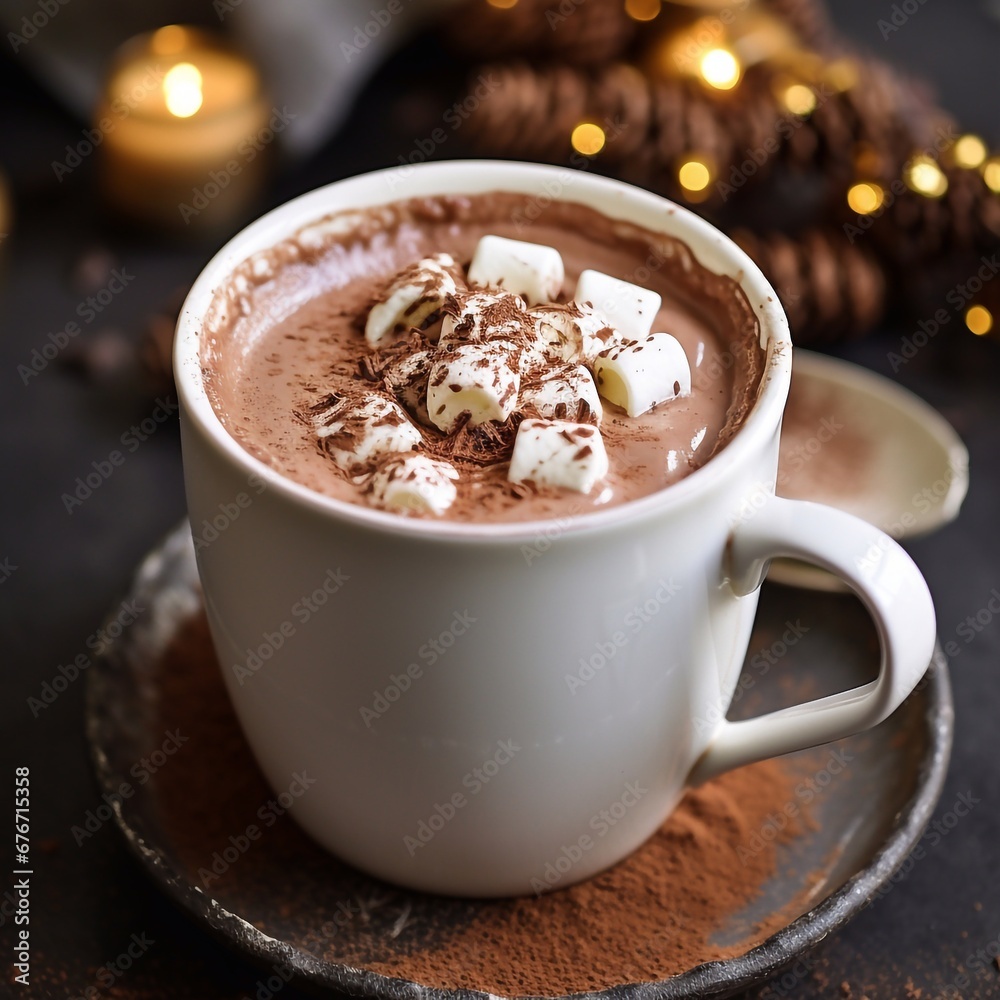 Homemade hot chocolate in a white enamel mug Homemade hot chocolate in a white enamel mug