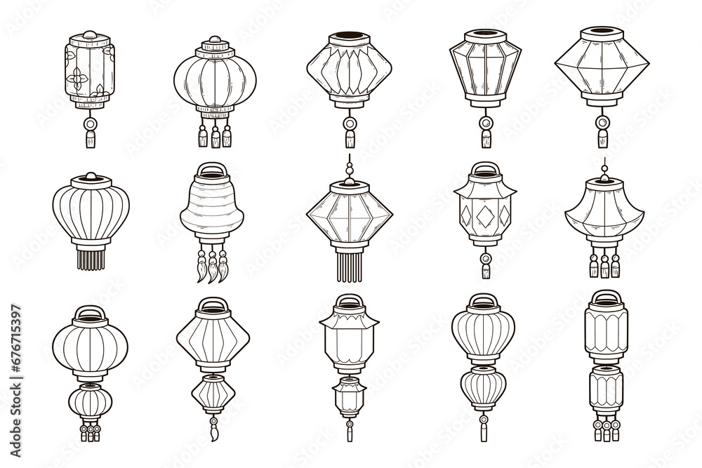 Chinese lantern vector hand-drawn outline sketch illustration set Chinese lantern vector hand-drawn outline sketch illustration set