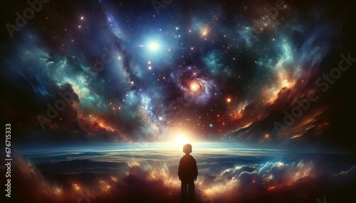 Profound image of a child gazing in awe at a vibrant night sky, with stars and galaxies, evoking a sense of wonder and curiosity 
