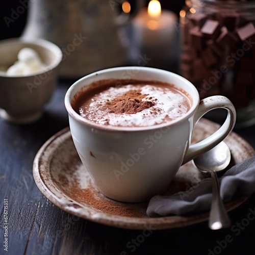 Homemade hot chocolate in a white enamel mug