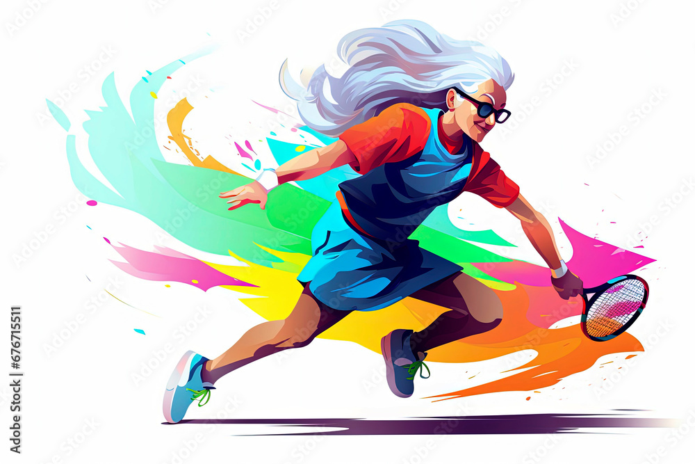 Generative AI illustration of old woman playing tennis and pin pog