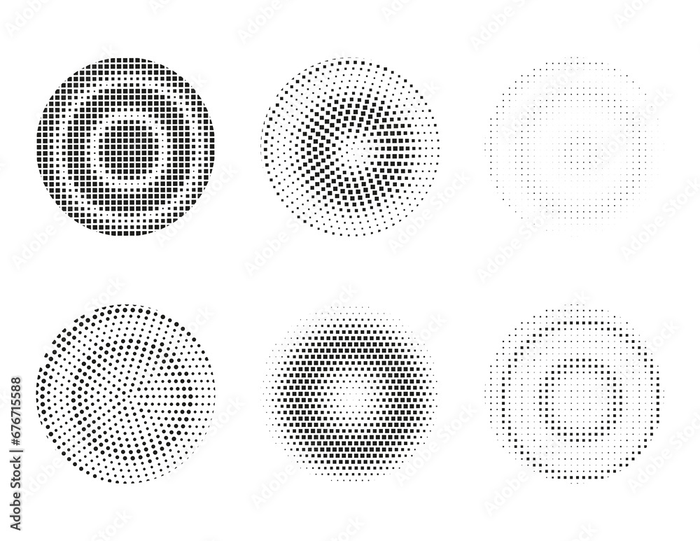 Set of six halftone black square dots circle pattern, collection in black