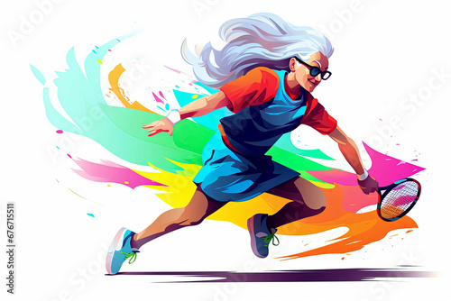 Generative AI illustration of old woman playing tennis and pin pog