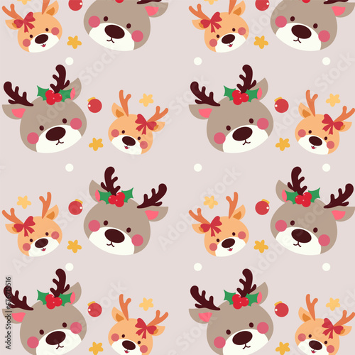 Adorable seamless pattern features reindeer, stars, and festive snowflakes on a light and airy background. 