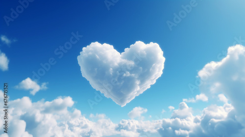 Baby Blue and White Floating Sunlit Heart Shaped Cloud in the Sky. Love, Romance, Romantic Theme. Wide Scale Panoramic Generative AI Made Illustration with Copy Space