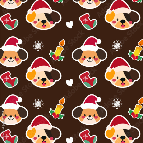 Cute seamless pattern features playful puppies, flickering candles, and festive Christmas elements on a dark background. 