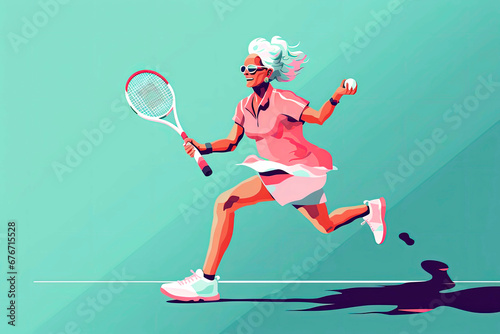 Generative AI illustration of old woman playing tennis and pin pog