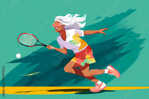 Generative AI illustration of old woman playing tennis and pin pog © Eduardo Lopez