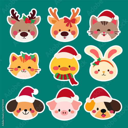 Adorable animals collection for christmas decoration.Set of Cute Christmas Animal Faces.