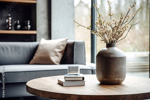 Close up of ceramic vase with blossom twigs on round wooden coffee table against grey sofa and window. Minimalist home interior design of modern living room. photo