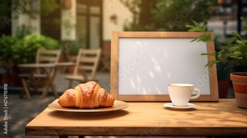 Outdoor Cafe Table Realistic Mockup: A Charming Setting Featuring a Menu, Steaming Coffee Cup, and Fresh Croissant 
Outdoore braekfast in a summer cafe photo