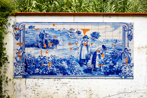 Velho painel de azulejos representando cenas rurais. Vindimas na Bairrada.  photo