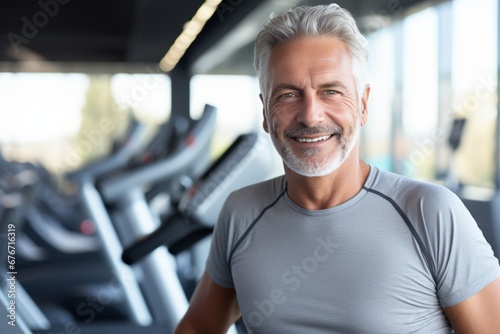 Elderly man at Fitness Regimen in a modern gym. Promoting Physical Well-being for Seniors