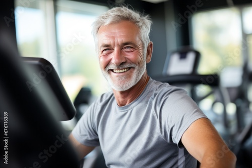 Elderly man working out in a modern gym according to a physical training program for elderly people