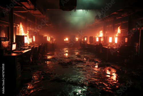 A burning and flooded office. Burning computer monitors.