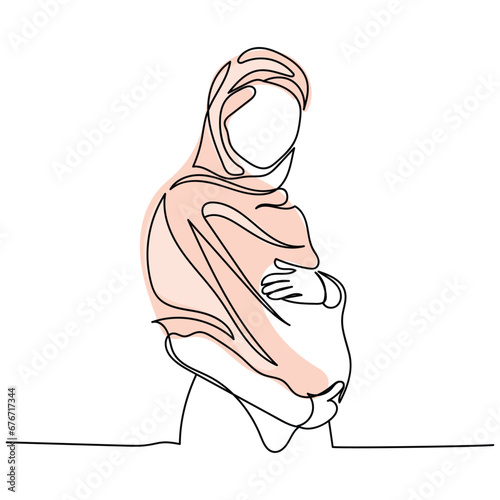  line art drawing of a pregnant woman practicing yoga. Prenatal Yoga and Restorative yoga classes. Positive psychology. Relax and practice presence of mind concept. Maternal and baby health. hijabi