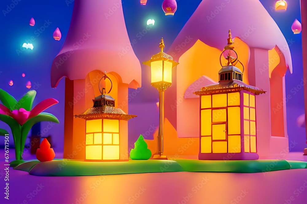 A Night in Ramadan, Colorful Mosque and Lantern with Glowing Lights A Night in Ramadan, Colorful Mosque and Lantern with Glowing Lights