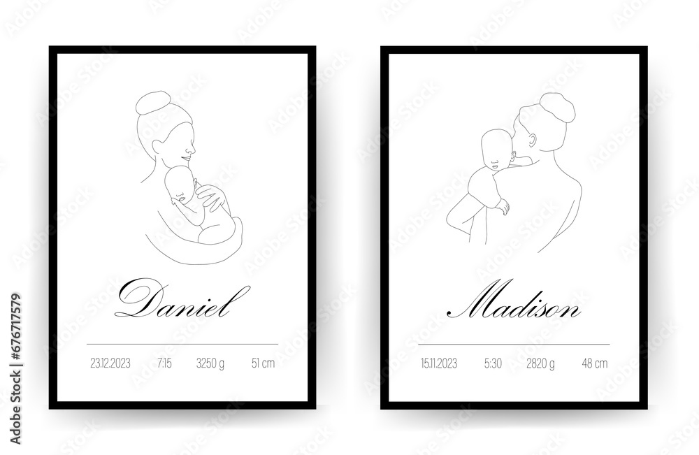 Fototapeta premium Newborn metric. Baby Shower poster with name, date of birth, weight and height. Mother and child in linear style. One line art. Minimalistic vector illustration.