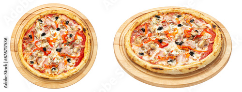 Delicious pizza served on a wooden plate isolated on a white background. Concept for advertising flyer and poster for restaurants or pizzerias.