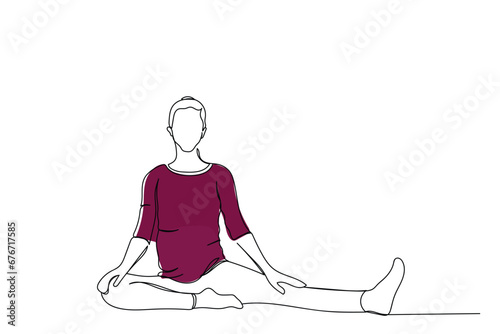  line art drawing of a pregnant woman practicing yoga. Prenatal Yoga and Restorative yoga classes. Positive psychology. Relax and practice presence of mind concept. Maternal and baby health. hijabi