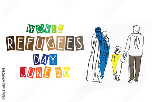 Line art poster design of World Refugees day observed on 20th of June. Migrants are fleeing In search of a home, peace, freedom and human rights. World Migrants day observed in December. Vector art.