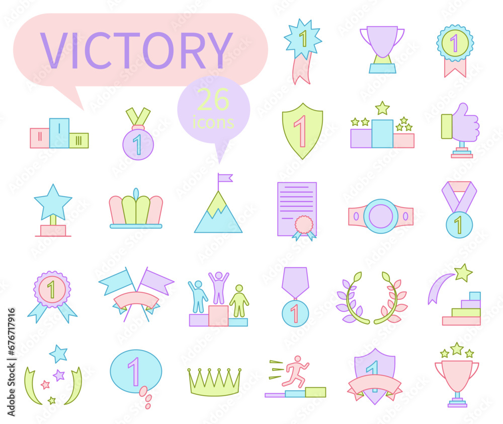 Award icons. Winner's medal. Victory Cup and trophy prize. Achievements, linear icon set. Bright vector icons.